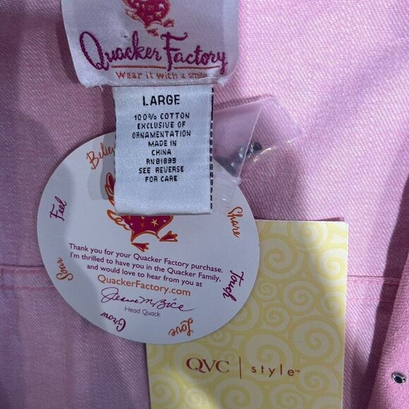 Quacker Factory Womens Denim Jacket Size L Pink Button Up Rhinestone Bling Y2K - Picture 5 of 16
